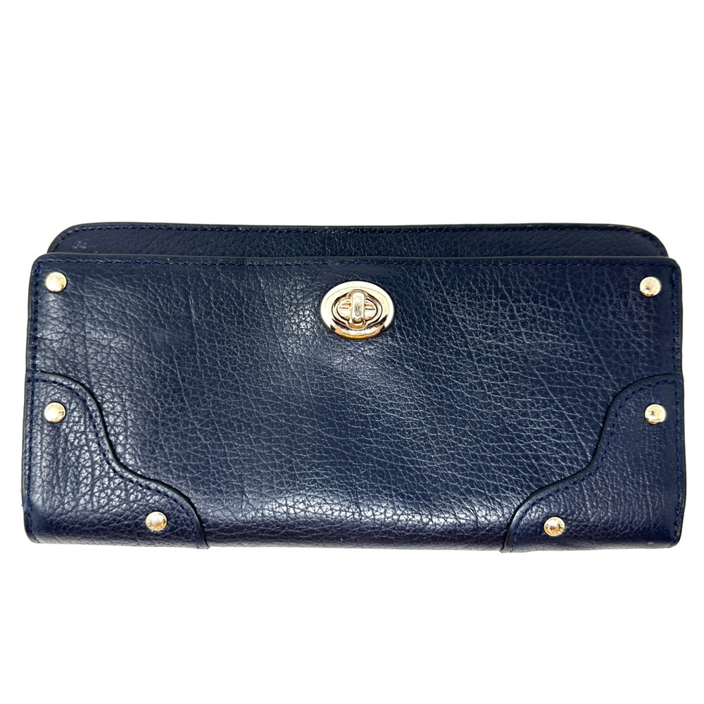 Coach Mercer Navy Blue Pebble Leather Accordion Wallet Clutch Zip Around